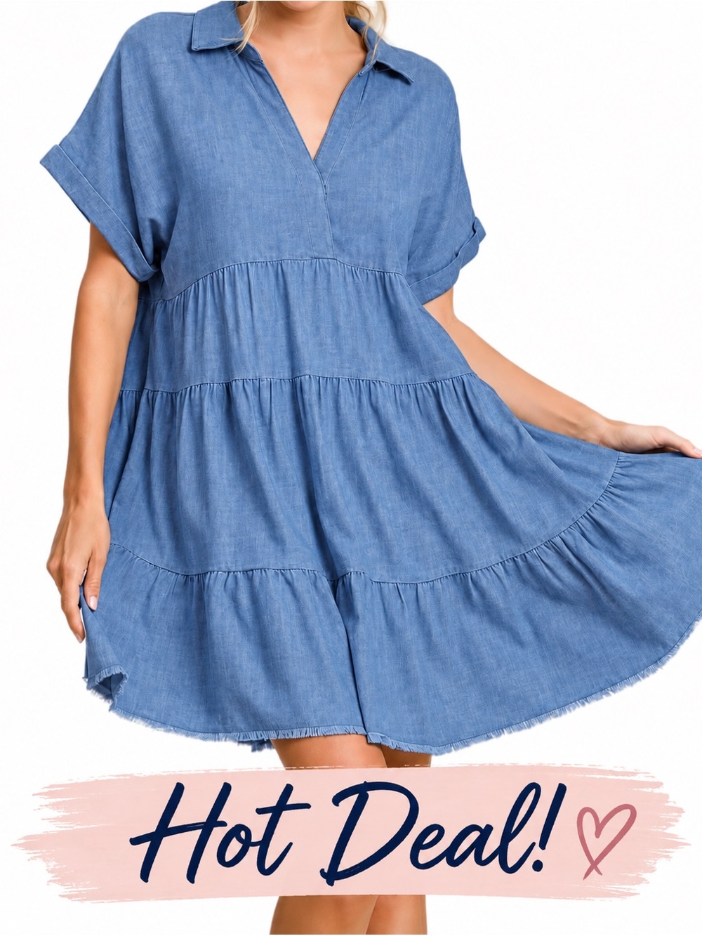 Umgee Blue Linen Dress with Folded Sleeves Tiered ,Size Small, Color Blue NWOT